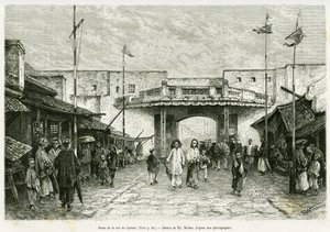ハノイのカントン通りの門。Th.Weberが写真から描いたもの。ウェーバーのエングレーヴィングは、エドゥアール・シャルトン（1807-1890）の指揮の下、1889年のtour du mondeに掲載されたオカール医師による1884年のTente mois au Tonkinの物語を説明するために、写真から作成されたものです。 作： Theodore Weber