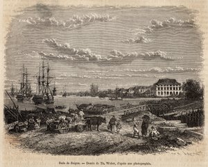 La rade de Saigon, T. Weberの図面に基づくエングレーヴィング、1872年にモリス医師が行ったコチンチンへの航海を描いたもの、1875年にEdouard Chartonが編集した "Le tour du monde "に掲載されたもの、アシェット版、パリ。セルバ・コレクション。 作： Theodore Weber