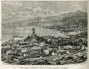 マサンドラから撮影されたヤルタの街、Th.Weberによるドローイング、F.De Melyによる1876年の「Four Months in Russia」の物語を説明するためのもの。Le tour du monde』に掲載された版画 作： Theodore Weber