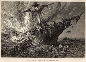 1874年11月19日、ニュージーランドに向かう400人以上の移民を乗せた英国船コスパトリック号の火災の様子を、T.ウェーバーの図面に基づいて彫刻したもので、1870年から1874年にかけて、Zurcher氏とMargolle氏が行った嵐と航海の研究を図解したもの。