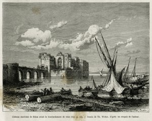1840年の砲撃の前のシドンの海上の城。Th.Weberのエングレーヴィング。ウェーバーのエングレーヴィング、「La Syria d