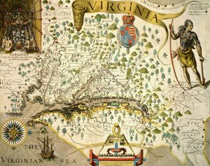 Sloane MS 1622 バージニア州の地図、左上にジョン・スミス (1580-1631) によるチーフ・ポウハタンの写真 1624 (手描きの彫刻) 作： Theodore de (after) Bry