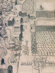 バージニア州の耕作地に囲まれたネイティブインディアンの村 作： Theodore de Bry
