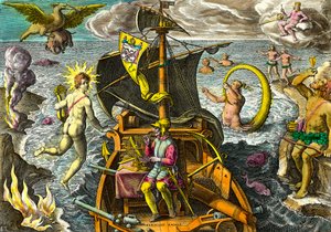航海士フェルナン・デ・マゼラン（1480-1521）の航海を描いたアレゴリーで、船の上で天球を使っている様子や、神話上の人物や幻想的な動物が描かれています。テオドール・デ・ブライ（1528-159）の「アドミランテ・ナラティオ・アメリカ」の版画 作： Theodore de Bry
