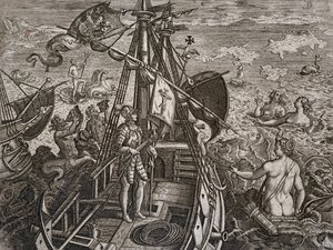 クリストファー・コロンブスの新大陸発見までの旅の寓話、テオドール・デ・ブライ（1528-1598）のエングレーヴィング 作： Theodore de Bry