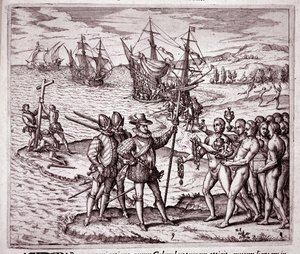 クリストファー・コロンブスが西インド諸島のヒスパニオラ島に到着（エングレーヴィング 作： Theodore de Bry