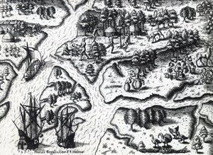 ジャック・ル・モワン・ド・モルグ（1533年頃～1588年前）の絵からテオドール・デ・ブライ（1528～1598年）が描いた1564年のポートロイヤルへのフランス人の到着、エングレーヴィング 作： Theodore de Bry