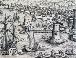 ジロラモ・ベンゾーニのラ・パルマ港到着、フランクフルトのテオドール・デ・ブライ（1528-1598）の『Historia Americae』からの版画 作： Theodore de Bry