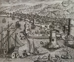 ジロラモ・ベンゾーニのアメリカ大陸旅行中のラス・パルマス港への到着（1541年）、カナリア諸島、テオドール・デ・ブライ（1528-1598年）の彫刻作品 作： Theodore de Bry