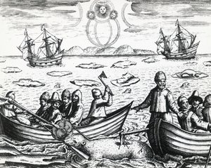 1596年、ウィリアム・バレンツ（1550年頃～1597年）率いる第3次北東航路探索の際のオーロラと白熊狩り、テオドール・デ・ブライ（1528年～1598年）作、彫刻版 作： Theodore de Bry