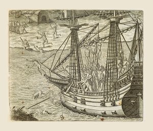 バルトロメオ・ディアスがインディアンをカラベルに吊るしている様子。テオドール・デ・ブライ（1528-1598）による「Americae pars quarta, sive, Insignis et admiranda historia de reperta primum Occidentali India Christophoro Columbo」の版画。 作： Theodore de Bry
