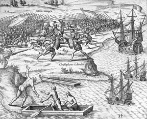 クリストファー・コロンブスとフランシスコ・ポラスの間のジャマイカでの戦い、1504年から1631年 作： Theodore de Bry