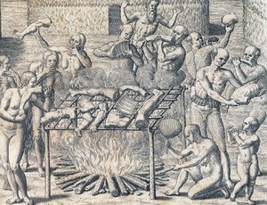 ブラジル奥地の部族のカニバリズム、フランクフルトのテオドール・デ・ブライ（1528-1598）の『アメリカ史』からの版画、南アメリカ 作： Theodore de Bry