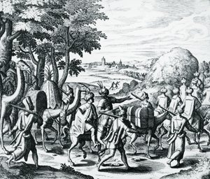 アレッポからバスラへ向かうアラブ商人のキャラバン、テオドール・デ・ブライ（1528-1598）の『大航海と小航海』からの版画、中東編 作： Theodore de Bry