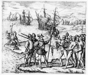 クリストファーコロンブス（1451-1506）は、ヒスパニオラ（ハイチ）で、1594年のアメリカテルティアパースIV（111006も参照）から、グアカナガリの小道具から贈り物を受け取った。