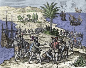 クリストファー・コロンブスとその弟は、1500年にフランシスコ・デ・ボバディラによって逮捕された。テオドール・ドゥ・ブライ（1528-1598）によるエングレーヴィング。