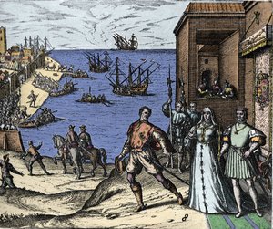 1492年08月03日、スペインのパロス港から新大陸に向けて出発するクリストファー・コロンブスとピンソン兄弟。右 ポルトガル・カトリック国王夫妻 アラゴンのフェルディナンド2世とカスティーリャのイザベラ・イエーレ。テオドール・デ・ブライによる「アドミランテ」掲載の版画。