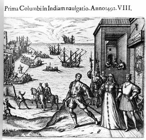 1492年08月03日、スペインのパロス港から新大陸に向けて出発するクリストファー・コロンブスとピンソン兄弟。右 ポルトガル・カトリック国王夫妻 アラゴンのフェルディナンド2世とカスティーリャのイザベラ・イエーレ。テオドール・デ・ブライによる「アドミランテ」掲載の版画