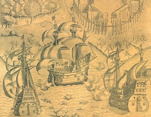 ブラジルの領有をめぐって大西洋で繰り広げられたフランスとポルトガルの船の衝突（Theodore de Bry著「American History」より 作： Theodore de Bry