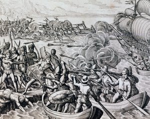 インディアンとスペイン軍の衝突、フランクフルトのテオドール・デ・ブライ（1528-1598）の『Historia Americae』からの彫刻。 作： Theodore de Bry
