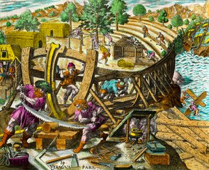 スペインの航海士ヴァスコ・ヌニェス・デ・バルボア（1475-1517）のための船の建造 テオドール・デ・ブライ（1528-1598）の「アメリカ大陸の歴史」からのエングレーヴィング 16世紀個人蔵 作： Theodore de Bry