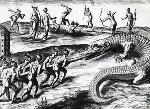 ジャック・ル・モワン・ド・モルグ（1533年頃-1588年以前）の絵から、テオドール・デ・ブライ（1528-1598）が描いたフロリダでのワニ狩り。 作： Theodore de Bry