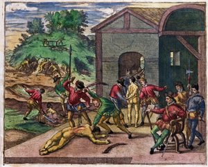 メキシコのインディアンに対するスペインの入植者の残虐行為、1550年頃 作： Theodore de Bry