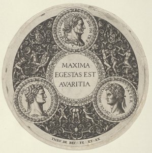 ローマ皇帝ヴィテッリウス、ドミティアヌス、アウグストの肖像を描いた皿のデザイン 1588年。 作： Theodore de Bry