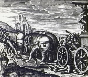 偶像の行列で戦車に押しつぶされる信者たち（テオドール・デ・ブライ（1528-1598）作、エングレーヴィング 作： Theodore de Bry