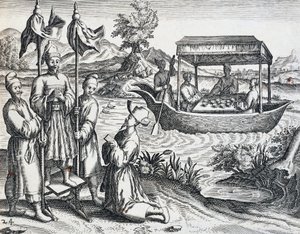 ヤン・ホイヘン・ヴァン・リンショーテン（1563-1611）が1583年から1592年の間に行った旅の中の高官たちの通り、テオドール・デ・ブライ（1528-1598）の『インド・オリエンタリス』からの版画、中国