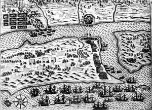 ドレークが船「サン・アウグスティン号」を捕獲する様子（1586年、デ・ブライ作