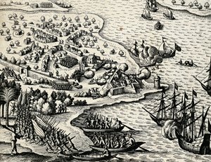 モザンビーク沿岸のオランダ遠征、テオドール・デ・ブライ（1528-1598）の「India orientalis」からの版画 作： Theodore de Bry