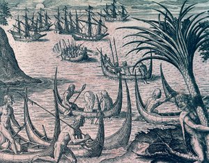 マゼラン海峡を航行するオランダ船、フランクフルトのセオドア・デ・ブライ（1528-1598）の『アメリカ史』からの版画 作： Theodore de Bry