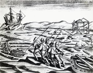 ウィリアム・バレンツ（1550年頃～1597年）が率いる北東航路の探検隊（テオドール・デ・ブライ（1528年～1598年）の『Peregrinationes』より）、彫刻 作： Theodore de Bry