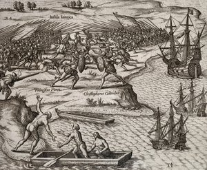 ジャマイカでのクリストファー・コロンブスとフランチェスコ・ポレシオの戦い、テオドール・デ・ブライ（1528-1598）の版画 作： Theodore de Bry