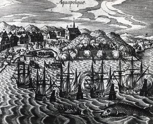 アカプルコ港のガレオン船団、テオドール・デ・ブライ(1528-1598)作、エングレーヴィング 作： Theodore de Bry
