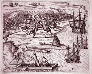 1503年、ジャマイカ島でのクリストファー・コロンブスの第4回目の航海（Engraving 作： Theodore de Bry