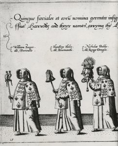 セントポールズ大聖堂に向かう途中、フィリップシドニー卿の葬儀場にいるヘラルド、1587年 作： Theodore de Bry