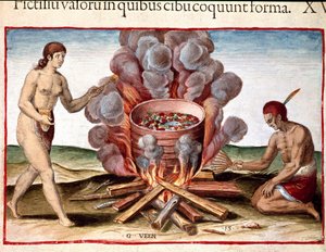 アメリカ史：「魚を調理するインディアン」セオドア・デ・ブライ（1528-1598）の「Admirante Narratio Americae」からのエングレーヴィング。 作： Theodore de Bry