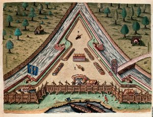 アメリカ史：「カロリナ砦の生活、カロリナの砦」ジャック・ル・モイン（ド・モルグ）（1533-1588）の絵の後にテオドール・デ・ブライ（1528-1598）が描いた「Admirante Narratio Americae」からのエングレーヴィング。 作： Theodore de Bry