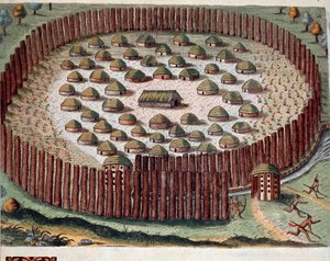 アメリカ史：「フロリダにあるインディアンの村の砦の表現」セオドア・デ・ブライ（1528-1598）の「Admirante Narratio Americae」からのエングレーヴィング。 作： Theodore de Bry