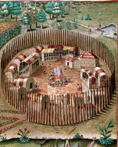 アメリカ史：「1585年のバージニア州の要塞都市ポメイオックの表現」セオドア・デ・ブライ（1528-1598）の「Admirante Narratio Americae」からのエングレーヴィング。 作： Theodore de Bry
