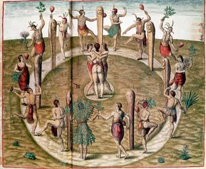 アメリカの歴史：「友情を祝う儀式の踊り」 テオドール・デ・ブライ（1528-1598）のエングレーヴィング。16世紀のヴァンセンヌ、海軍の歴史博物館
