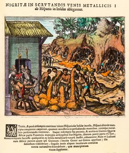 アメリカの歴史。スペイン人が金鉱を開拓。インディアンは入植者の目の前で働いている。テオドール・デ・ブライ(1528-1598)の版画。16世紀 個人蔵