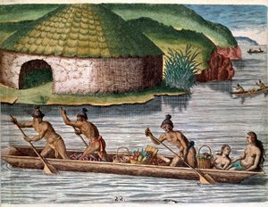 アメリカ史：「船による食料の輸送」セオドア・デ・ブライ（1528-1598）の「Admirante Narratio Americae（アメリカ史）」からのエングレーヴィング。 作： Theodore de Bry