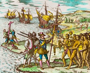 アメリカの歴史：探検家クリストファー・コロンブス（1451-1506）が新大陸到着時にインディアンに歓迎される」 テオドール・デ・ブライ（1528-1598）のエングレーヴィング 16世紀のエングレーヴィング 作： Theodore de Bry