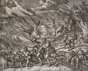 ハリケーンにより、クリストファー・コロンブスのカラベル「サンタ・マリア号」が沈没 作： Theodore de Bry