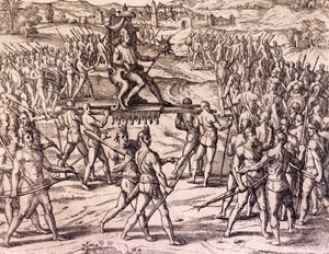 フランシスコ・ピサロ（1475-1541年頃）のスペイン軍に敗れたインカ帝国の皇帝アタワルパ（ペルー）、フランクフルトのテオドール・デ・ブライ（1528-1598年）の「アメリカ史」からの版画。