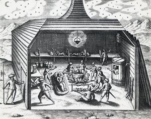 ウィリアム・バレンツ（1550年頃～1597年）のノヴァヤ・ゼムリア諸島の冬の家の内部（テオドール・デ・ブライ（1528年～1598年）作）、彫刻作品 作： Theodore de Bry