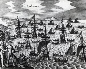 泥棒たちの島（Islas de los Ladrones、現在のマリアナ諸島）、テオドール・デ・ブライ（1528-1598）の『Peregrinationes』からの版画。16世紀 作： Theodore de Bry